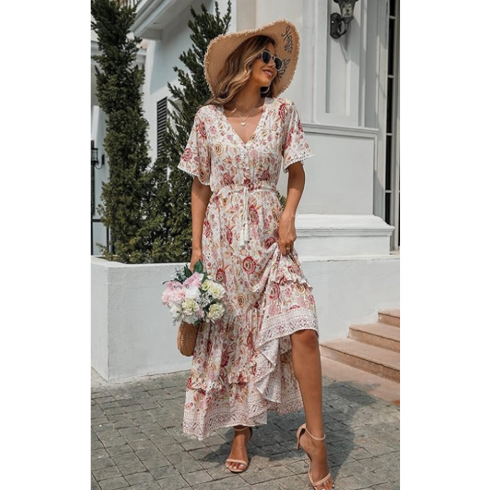R.Vivimos Womens M Short Sleeve V Neck Floral Print Casual Bohemian Midi Dress